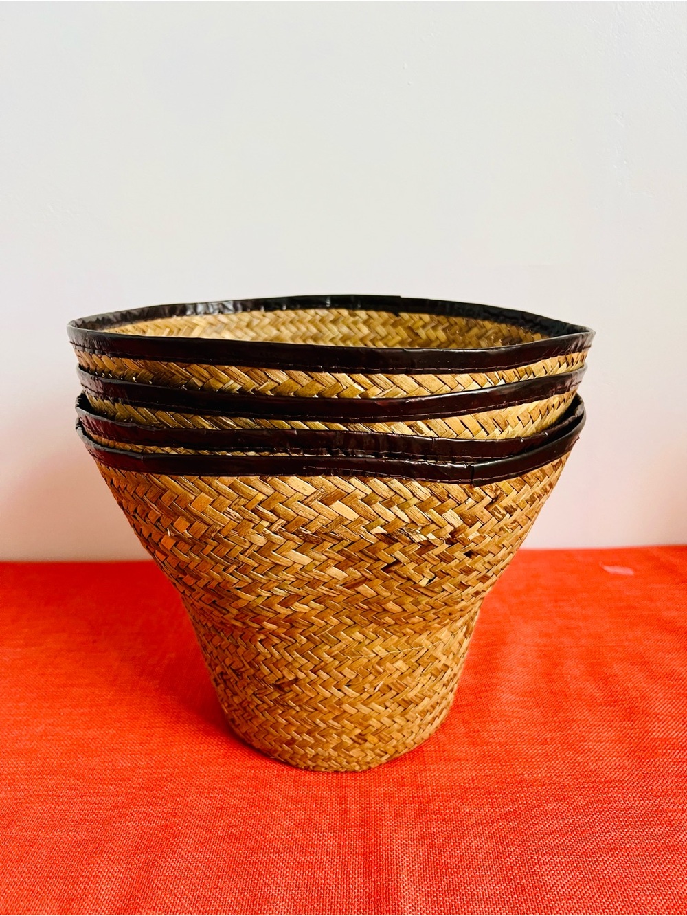 Natural Straw Storage Baskets with Dark Brown Trim